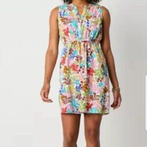 St. Johns Bay Multicolor Coral Pattern Linen Blend Short Sleeve Dress M NWT